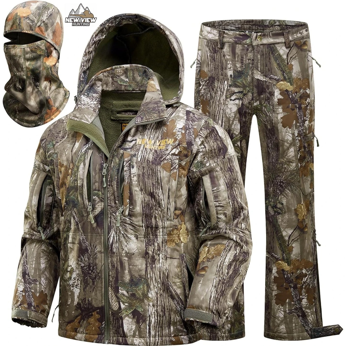 NEW VIEW Camo Hunting Clothes for Men, Quiet Warm Fleece Lining, Cold Weather Deer Hunting Jacket and Pants with Face Mask