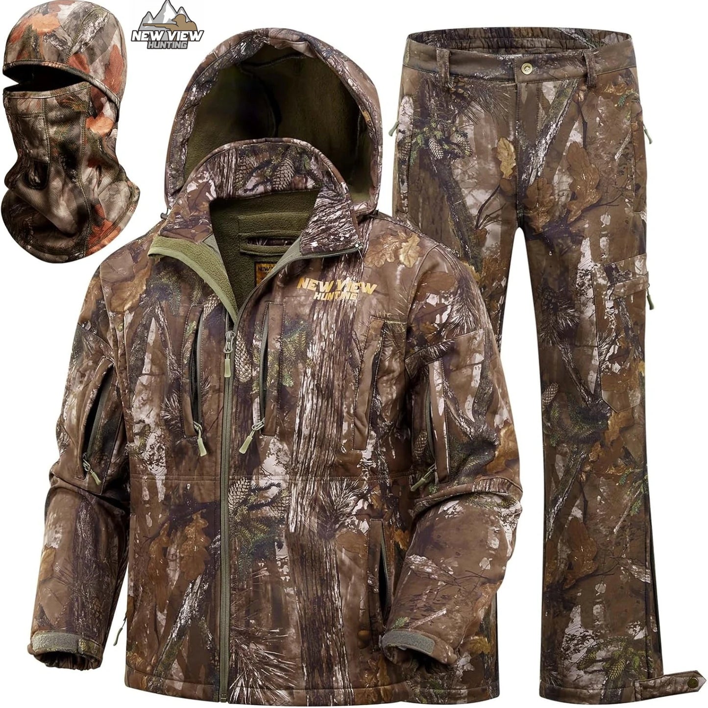 NEW VIEW Camo Hunting Clothes for Men, Quiet Warm Fleece Lining, Cold Weather Deer Hunting Jacket and Pants with Face Mask