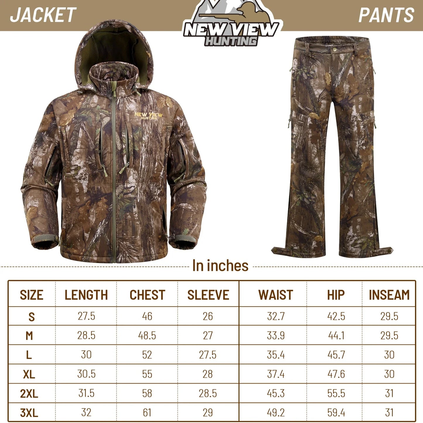 NEW VIEW Camo Hunting Clothes for Men, Quiet Warm Fleece Lining, Cold Weather Deer Hunting Jacket and Pants with Face Mask