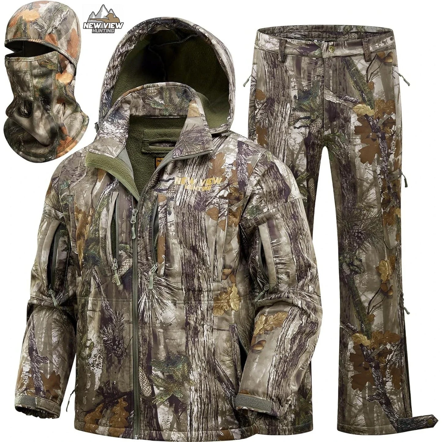 NEW VIEW Camo Hunting Clothes for Men, Quiet Warm Fleece Lining, Cold Weather Deer Hunting Jacket and Pants with Face Mask