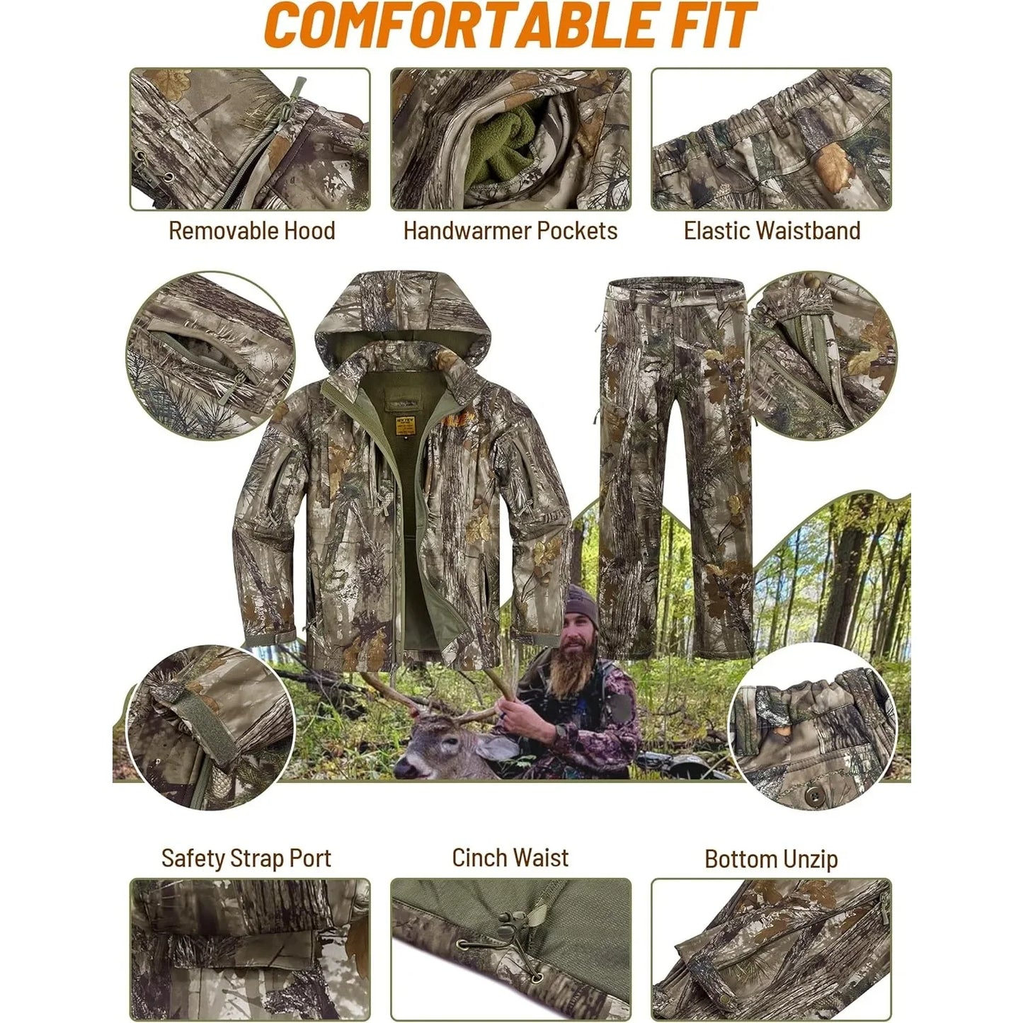 NEW VIEW Camo Hunting Clothes for Men, Quiet Warm Fleece Lining, Cold Weather Deer Hunting Jacket and Pants with Face Mask